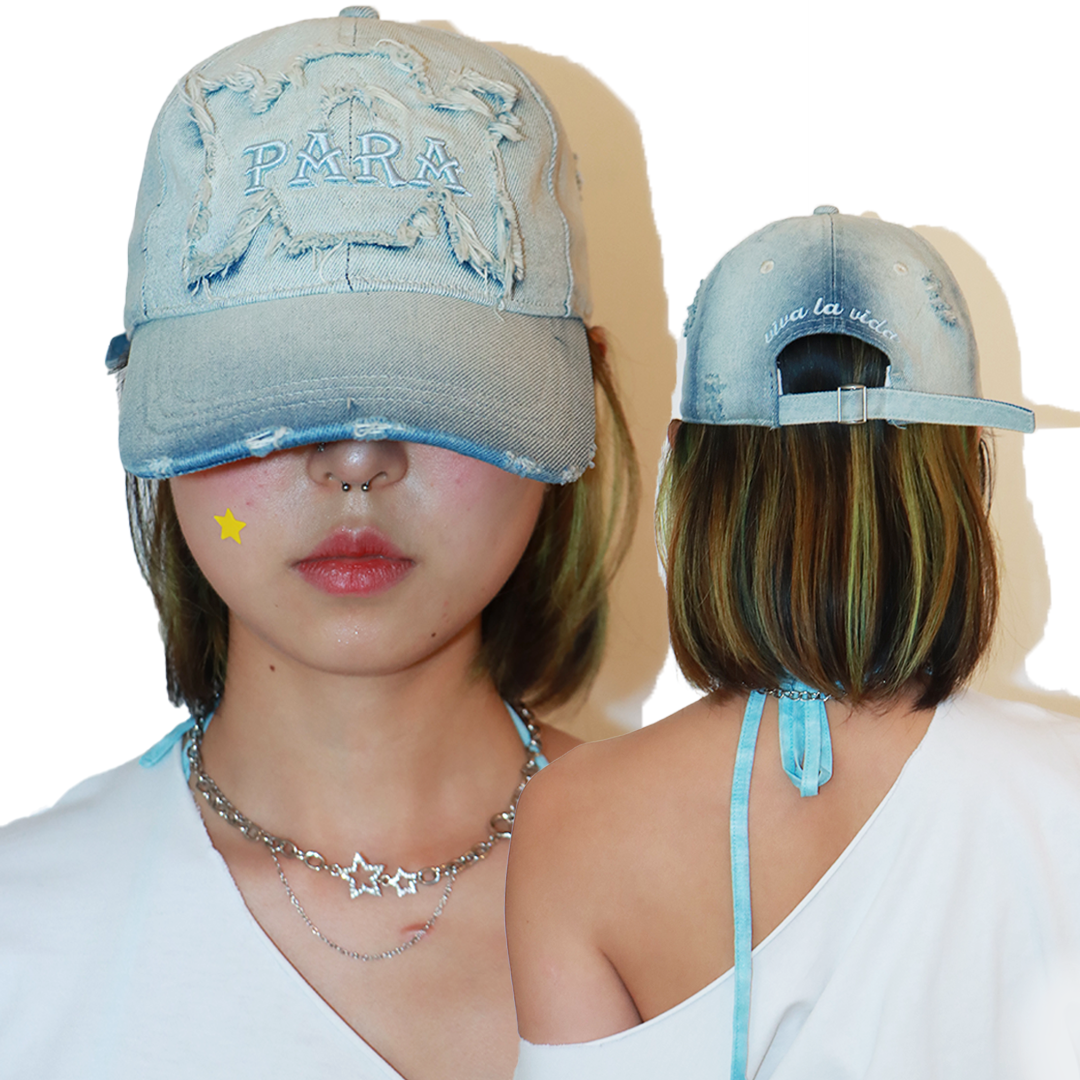 Faded Blue Distressed Vintage Wash Denim Viva La Vida Baseball Cap