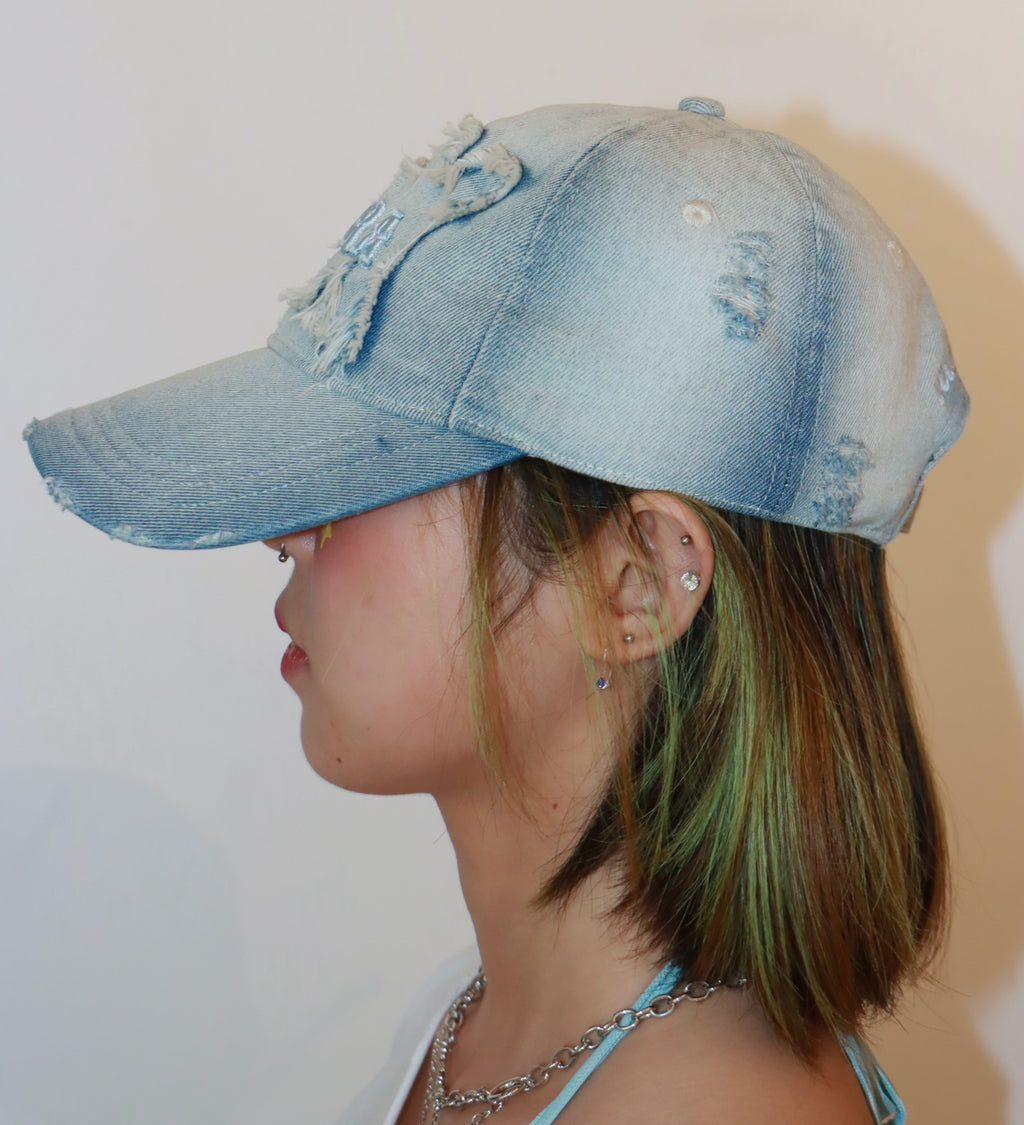 Faded Blue Distressed Vintage Wash Denim "Viva La Vida" Baseball Cap