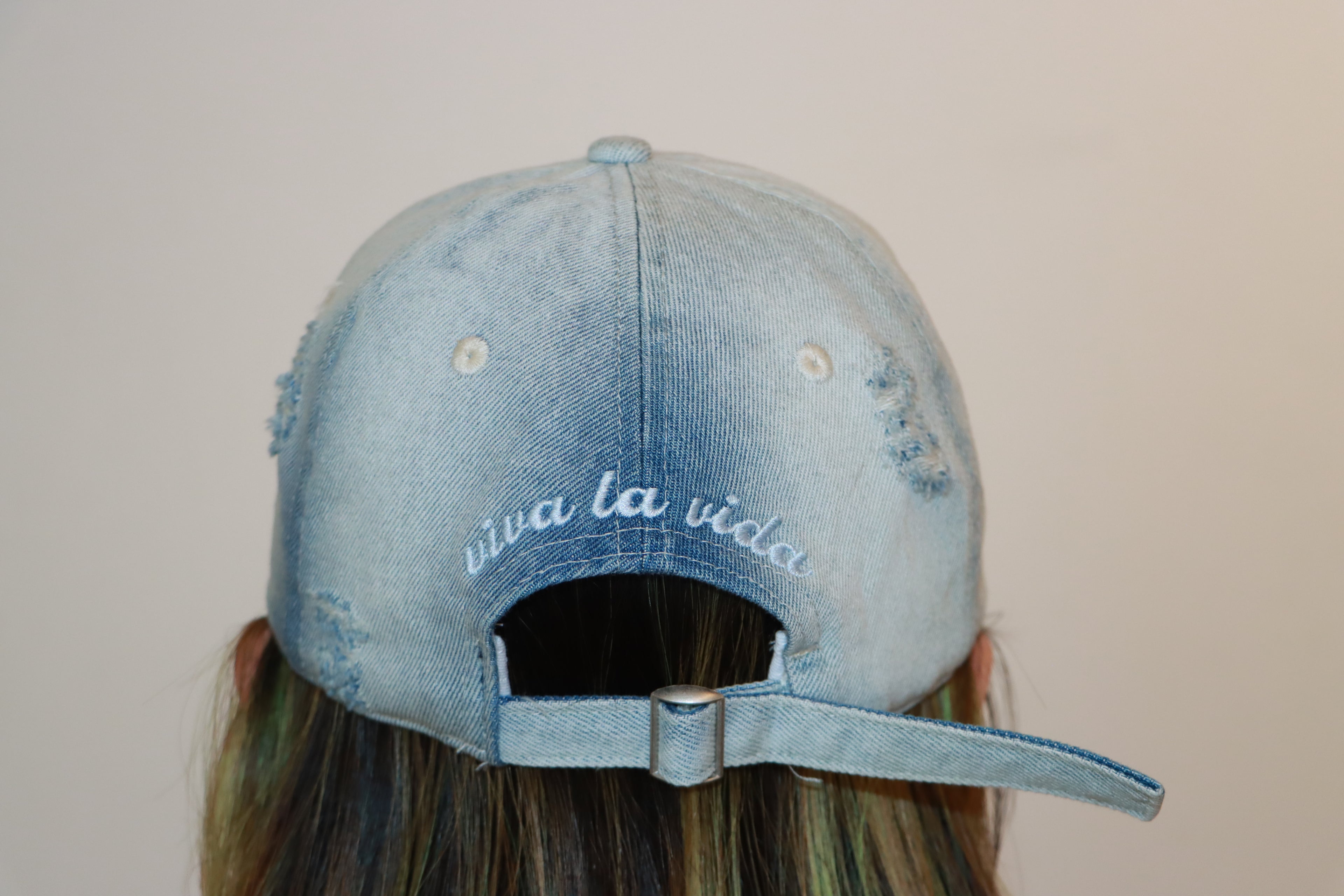 Faded Blue Distressed Vintage Wash Denim "Viva La Vida" Baseball Cap